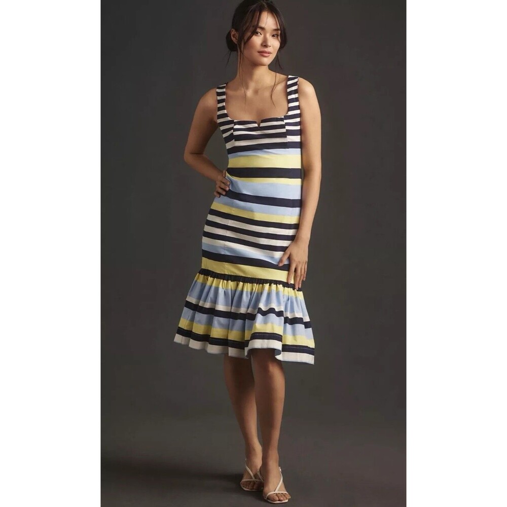 Anthropologie Maeve Midi Dress Blue Flutter Hem Preppy Secretary Small NWT